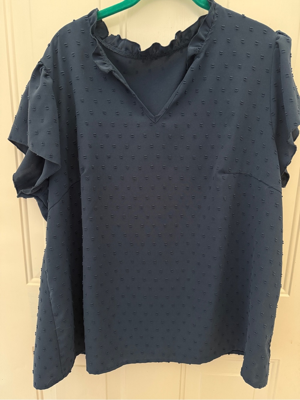 SHEIN Navy Swiss Dot Ruffle V-Neck Blouse